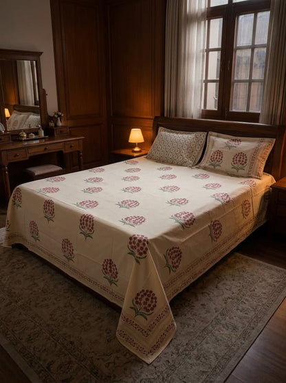Beige Floral Printed Percale Cotton Bedsheet