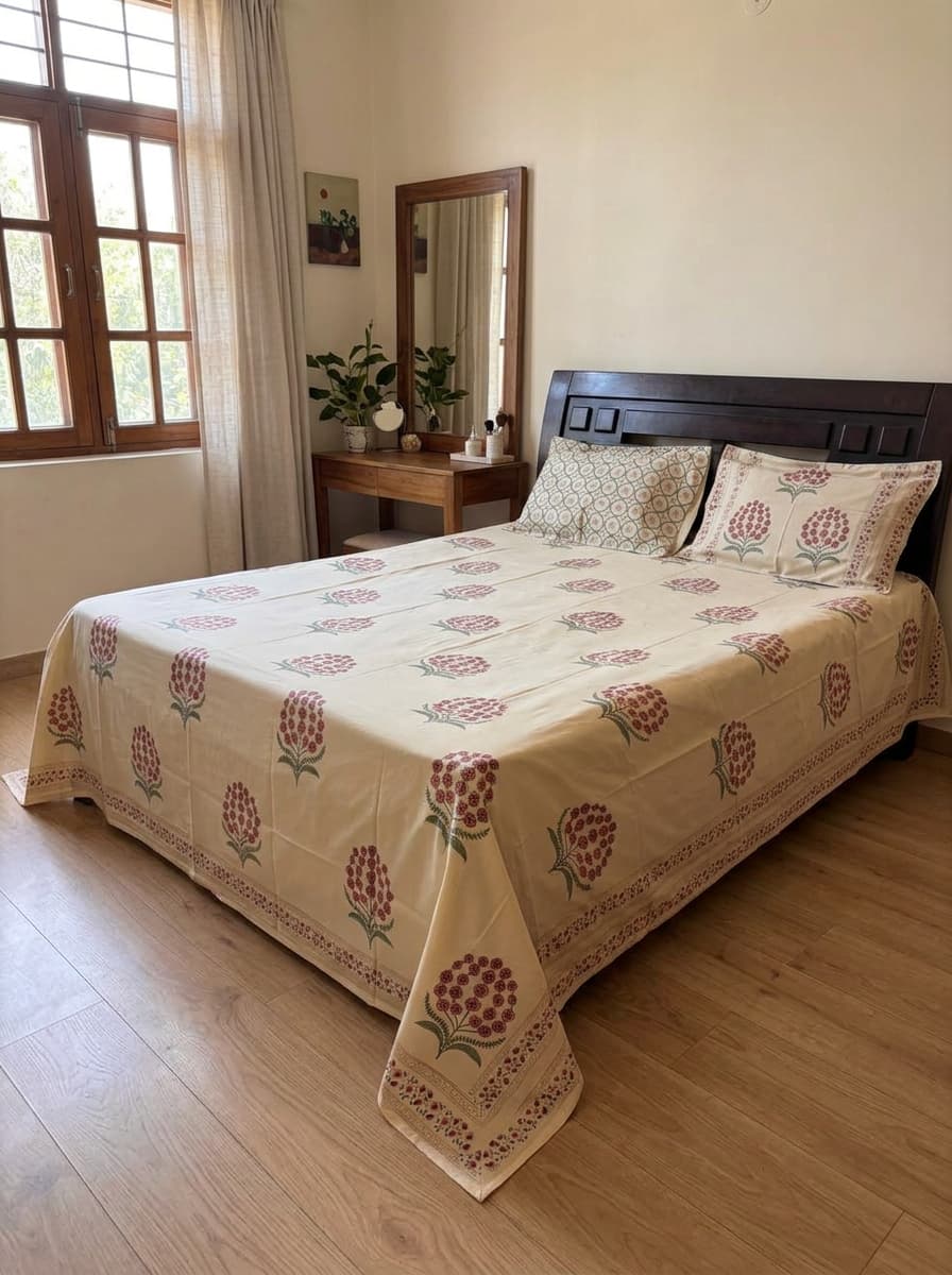 Beige Floral Printed Percale Cotton Bedsheet