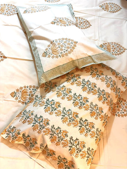 Beige Floral Printed Percale Cotton Bedsheet – Beige & Sage Green