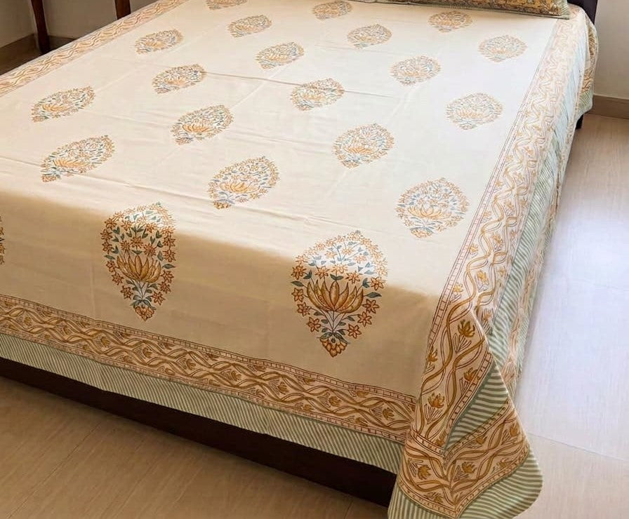 Beige Floral Printed Percale Cotton Bedsheet – Beige & Sage Green