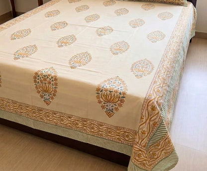 Beige Floral Printed Percale Cotton Bedsheet – Beige & Sage Green