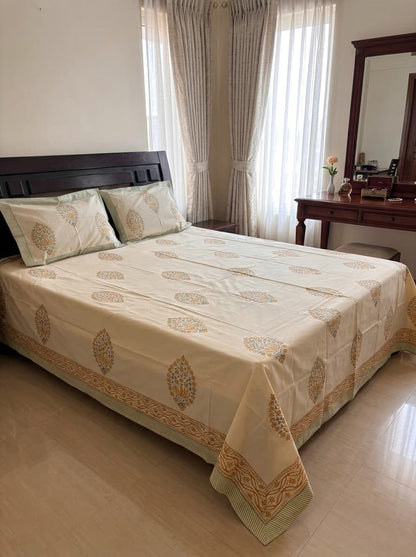 Beige Floral Printed Percale Cotton Bedsheet – Beige & Sage Green