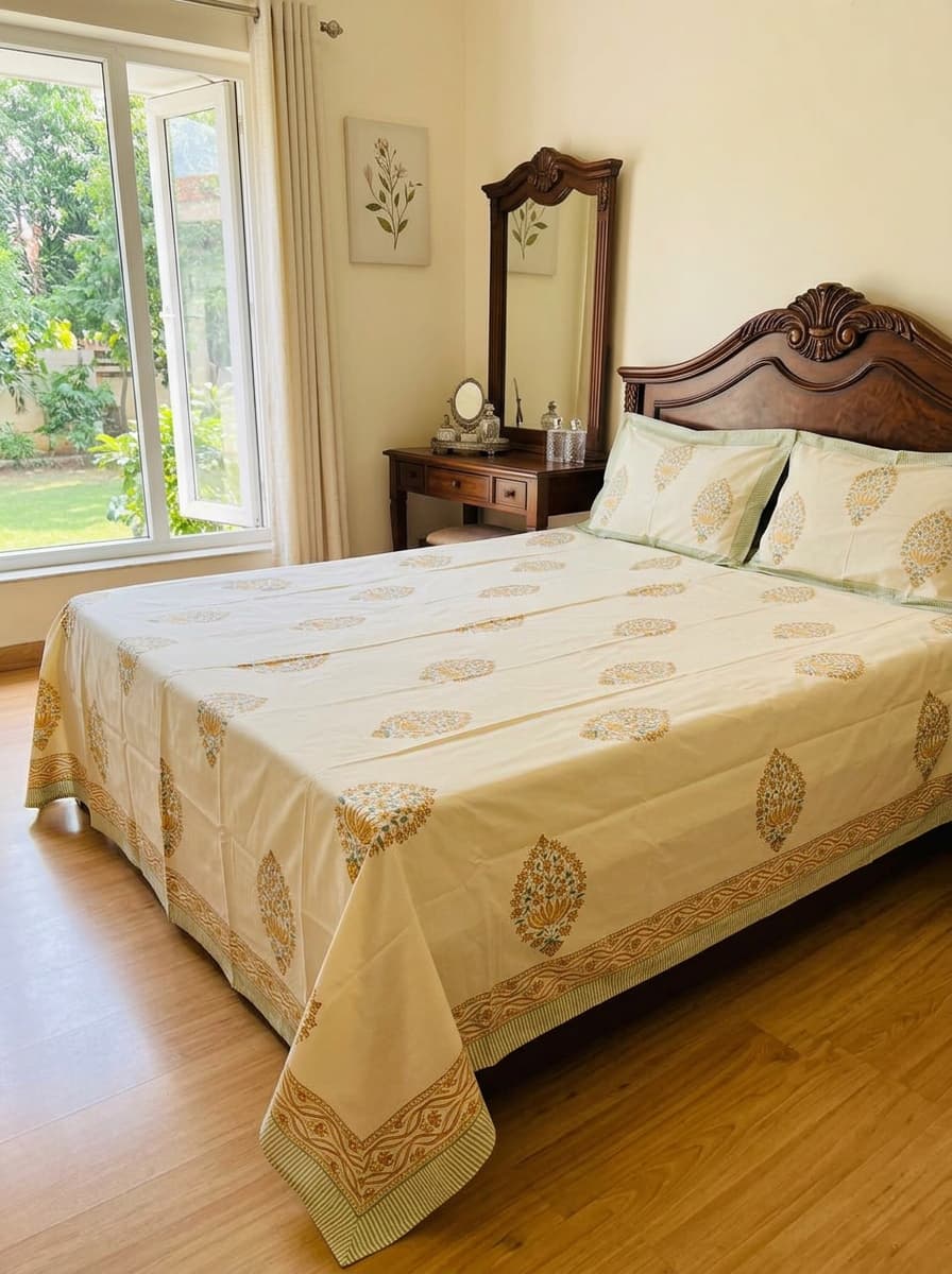 Beige Floral Printed Percale Cotton Bedsheet – Beige & Sage Green