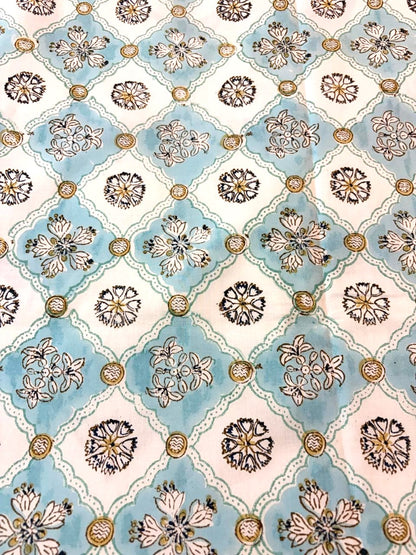 Aqua Blue & Beige Printed Percale Cotton Bedsheet