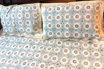Aqua Blue & Beige Printed Percale Cotton Bedsheet