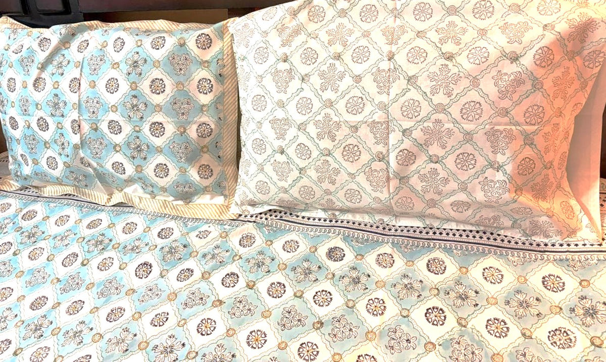 Aqua Blue & Beige Printed Percale Cotton Bedsheet
