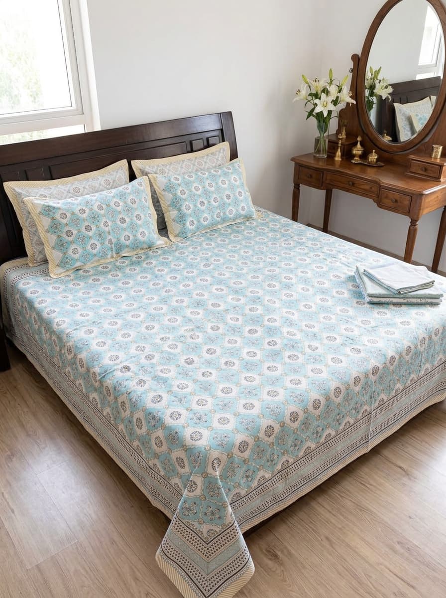 Aqua Blue & Beige Printed Percale Cotton Bedsheet