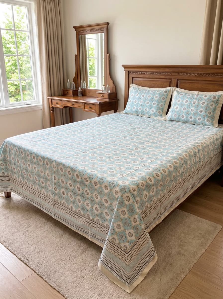 Aqua Blue & Beige Printed Percale Cotton Bedsheet