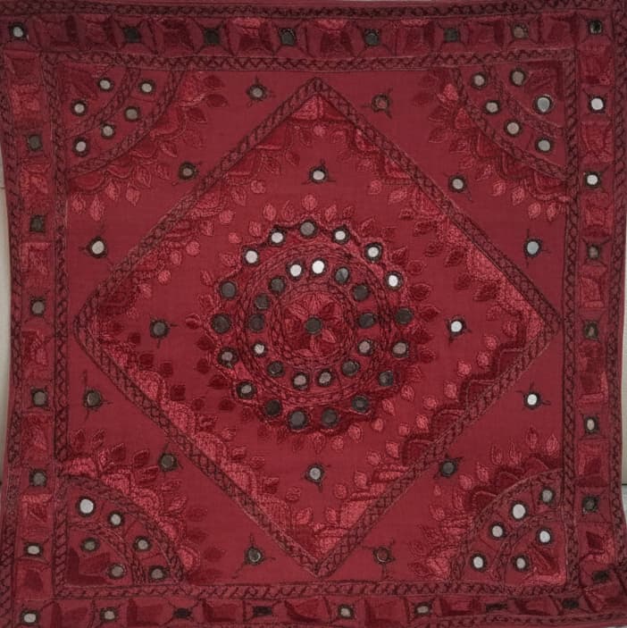 Crimson Mandala Embroidered Cotton Cushion Cover (1 Pc) - Emenaura