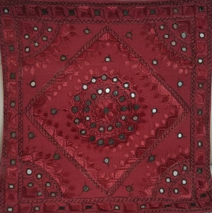 Crimson Mandala Embroidered Cotton Cushion Cover (1 Pc) - Emenaura