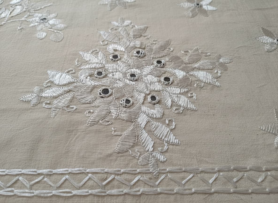 Ivory Bloom Embroidered Cotton Cushion Cover (1 Pc) - Emenaura