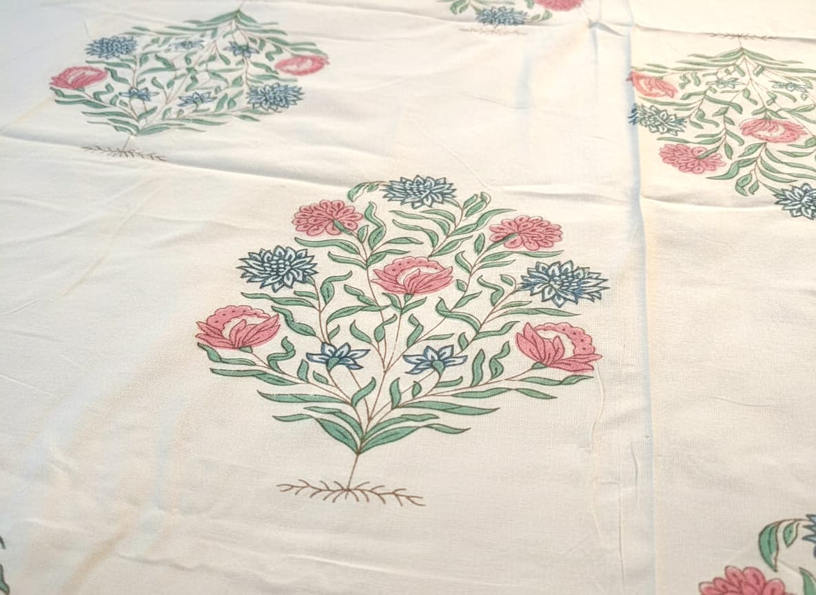 Ivory Garden Hand-Block Mulmul Cotton Bedsheet - Emenaura