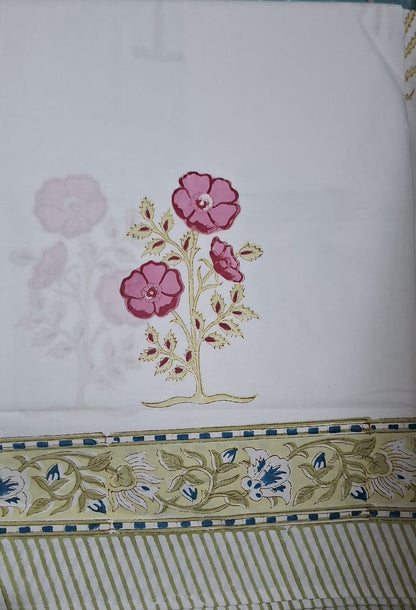 Floral Block Print Percale Cotton Bedsheet - Emenaura