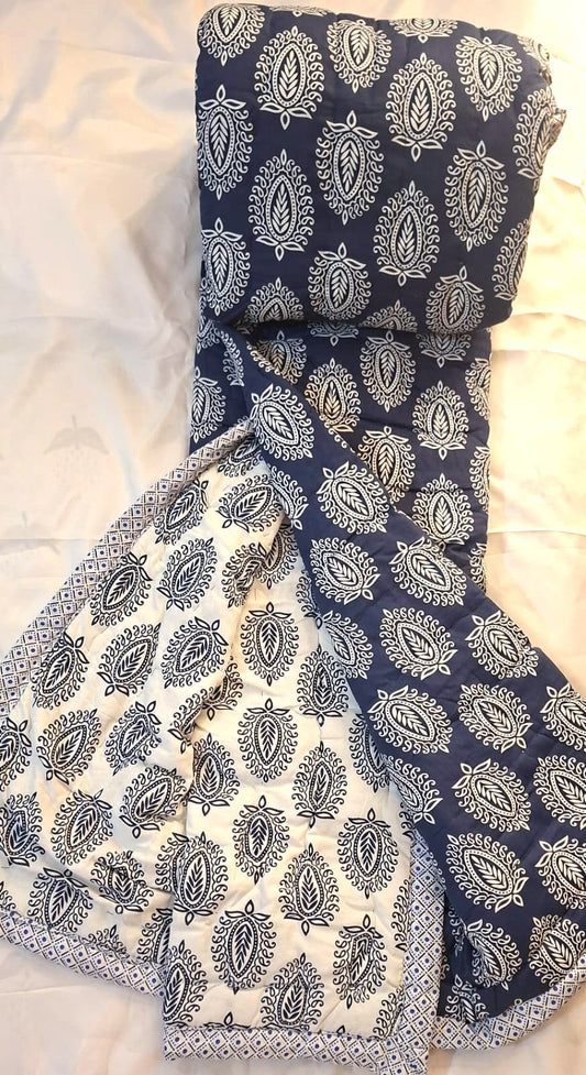 Blue & White Hand Block Cotton Quilt - Emenaura