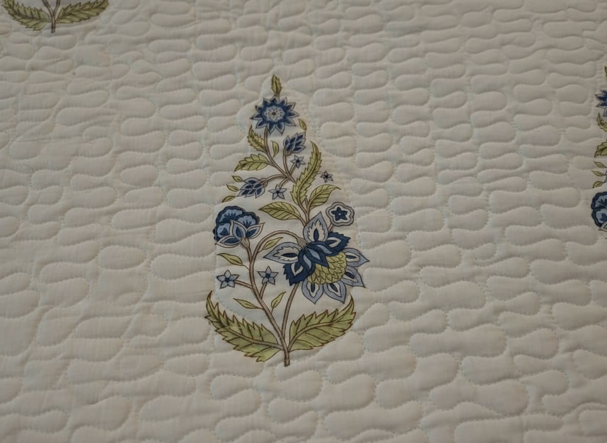 Powder Blue & White Hand Block Print Bed Cover - Emenaura