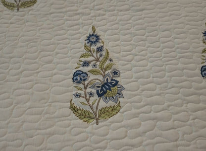 Powder Blue & White Hand Block Print Bed Cover - Emenaura