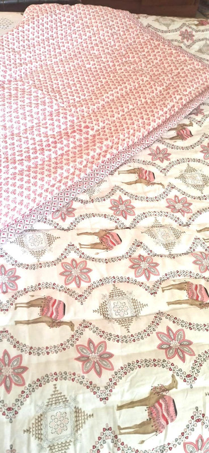 Pink & White Floral Hand Block Cotton Quilt - Emenaura