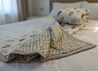 Brown & White Hand Block Cotton Quilt - Emenaura