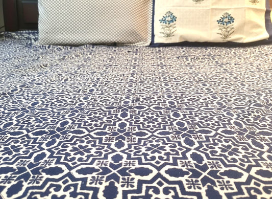 Indigo Lattice Hand Block Cotton Bedsheet - Emenaura