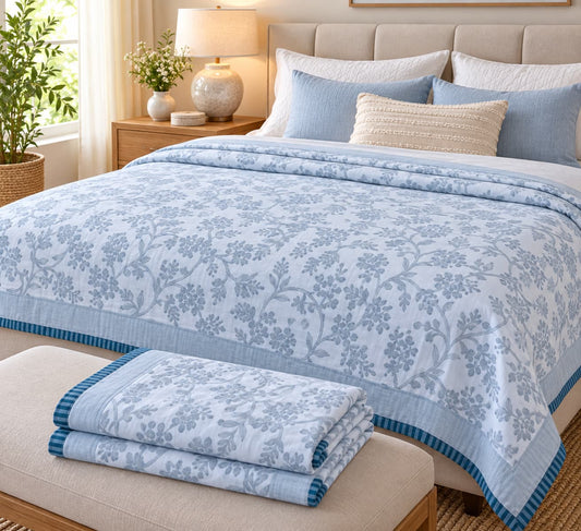 Premium 100% Cotton Voile Dohar – Grey Floral with Teal Blue Border