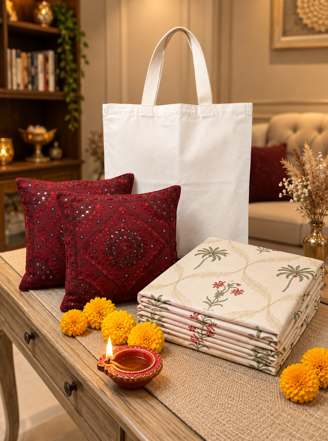 Emenaura festive bed sheet set with one hand-block printed bedsheet and two embroidered cushion covers on cozy textile display