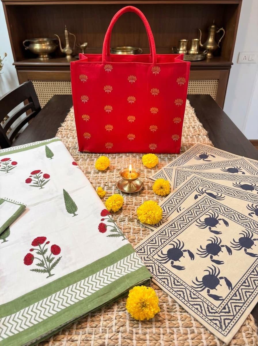 Emenaura Grand Festive Home percale bedsheet set with matching premium cotton placemats, featuring a crab pattern on soft fabric.