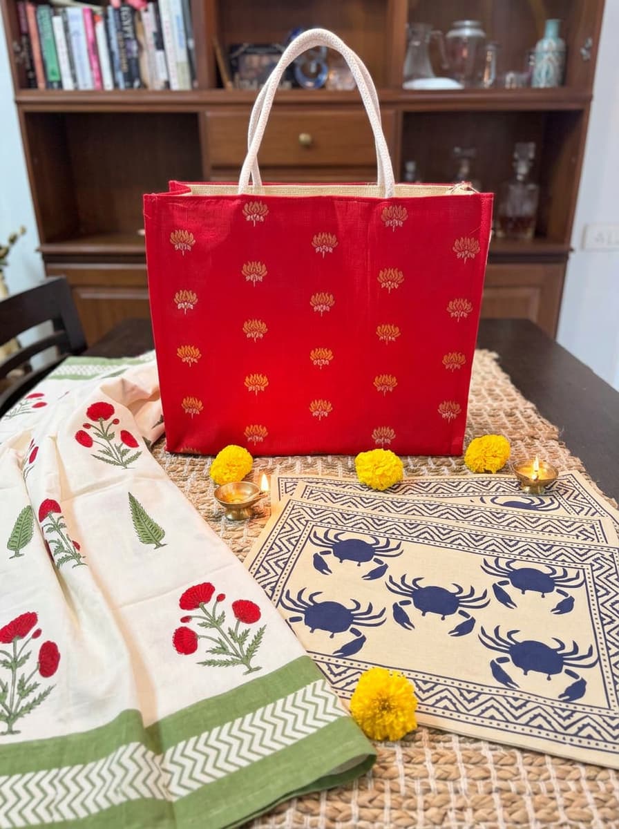 Emenaura Grand Festive Home percale bedsheet set with matching cotton placemats, featuring a crab pattern in vibrant colors.