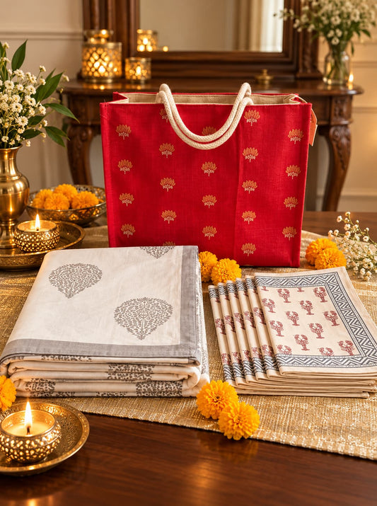 Emenaura festive percale bedsheet set with marigold textiles and six premium cotton placemats for a vibrant home decor.