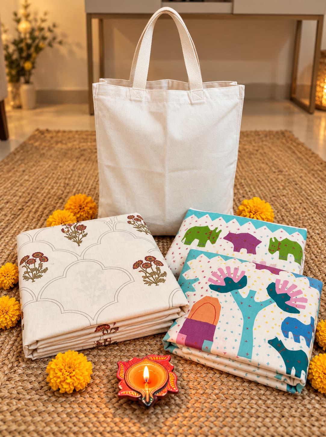 Emenaura festive cotton bedsheet set with one hand-block printed bedsheet and two embroidered cushion covers, decorative textiles and tote