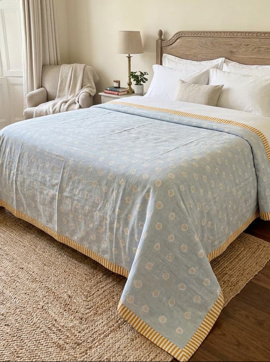 Premium 100% Cotton Voile Dohar – Powder Blue Polka Dot with Mustard Border