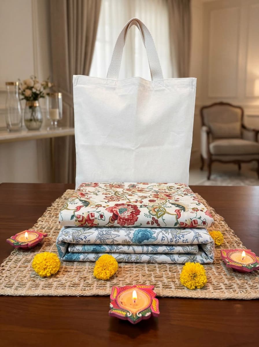 Emenaura hand-block printed cotton bedsheets with firefly and Gemini flash patterns, folded beside a matching bedsheet set and bag.