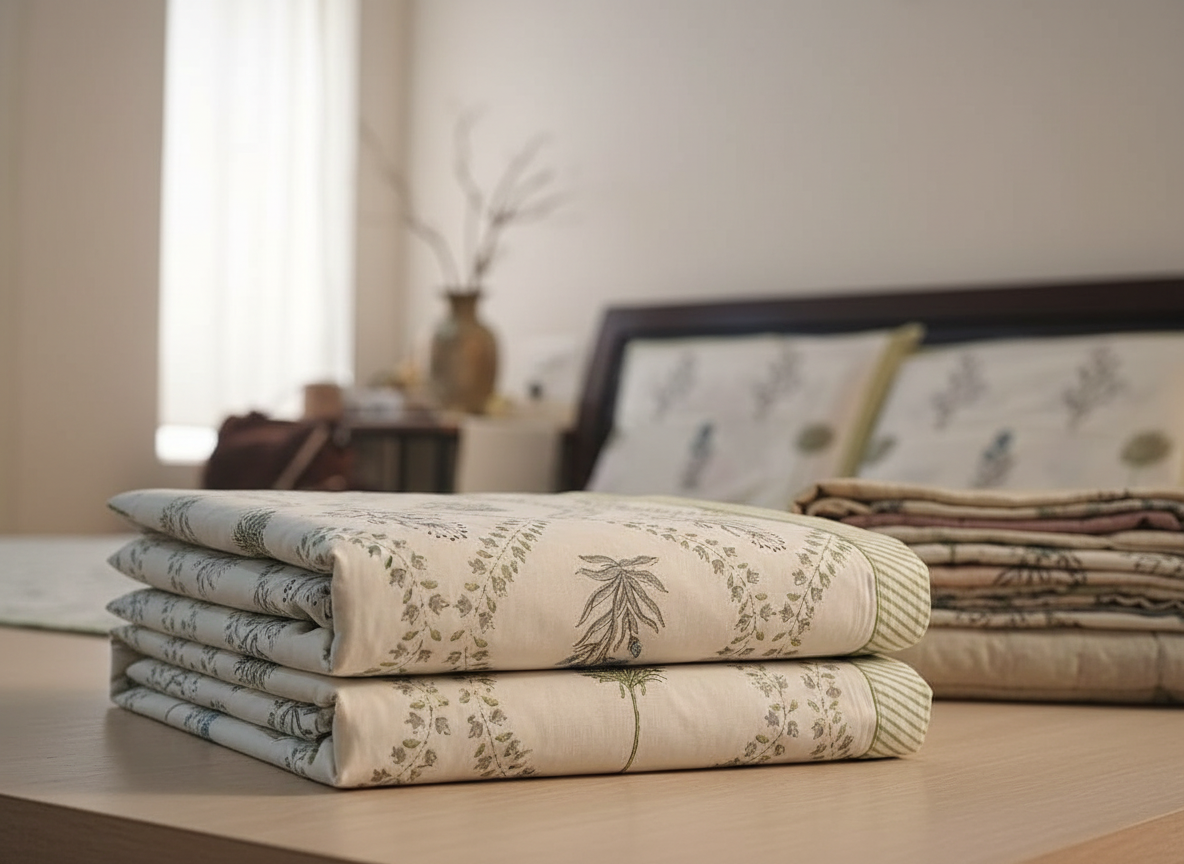 Meadow Vine Hand Block Cotton Bedsheet - Emenaura