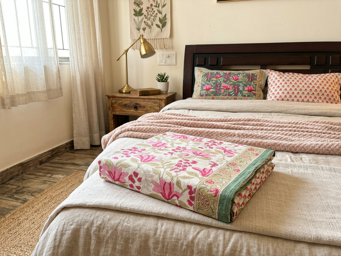 Emenaura Rosy Bloom bedsheet with a vibrant floral design, neatly folded on a cozy, well-lit bedroom bed.