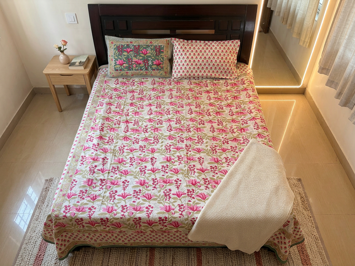 Emenaura Rosy Bloom bedsheet in a well-lit bedroom, featuring a cozy, floral design from an upper view.