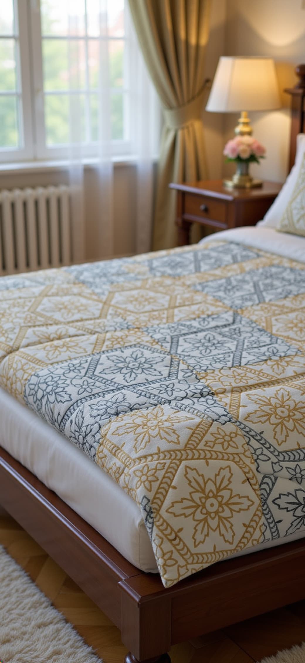 Subtle Yellow & Powder Blue Hand Block Bed Cover - Emenaura