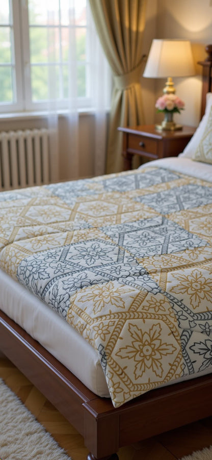 Subtle Yellow & Powder Blue Hand Block Bed Cover - Emenaura