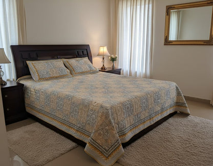 Subtle Yellow & Powder Blue Hand Block Bed Cover - Emenaura