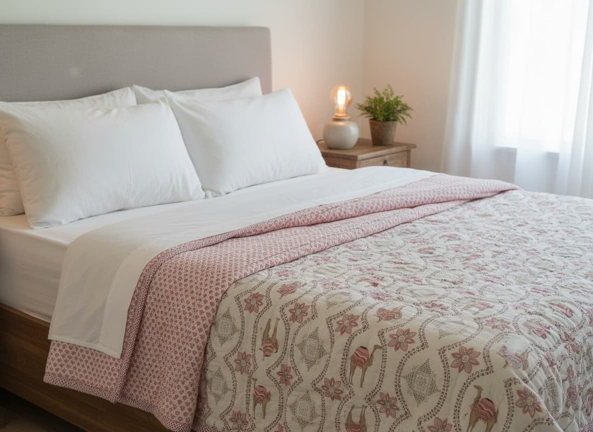 Pink & White Floral Hand Block Cotton Quilt - Emenaura