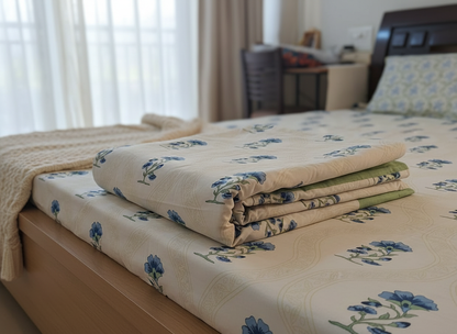 Blue Bloom Hand-Printed Cotton Bedsheet Set with Pillow Covers - Emenaura