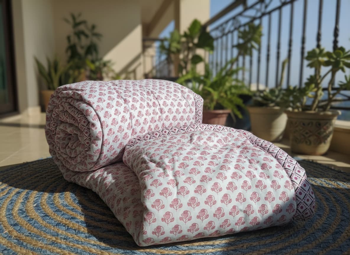 Pink & White Floral Hand Block Cotton Quilt - Emenaura