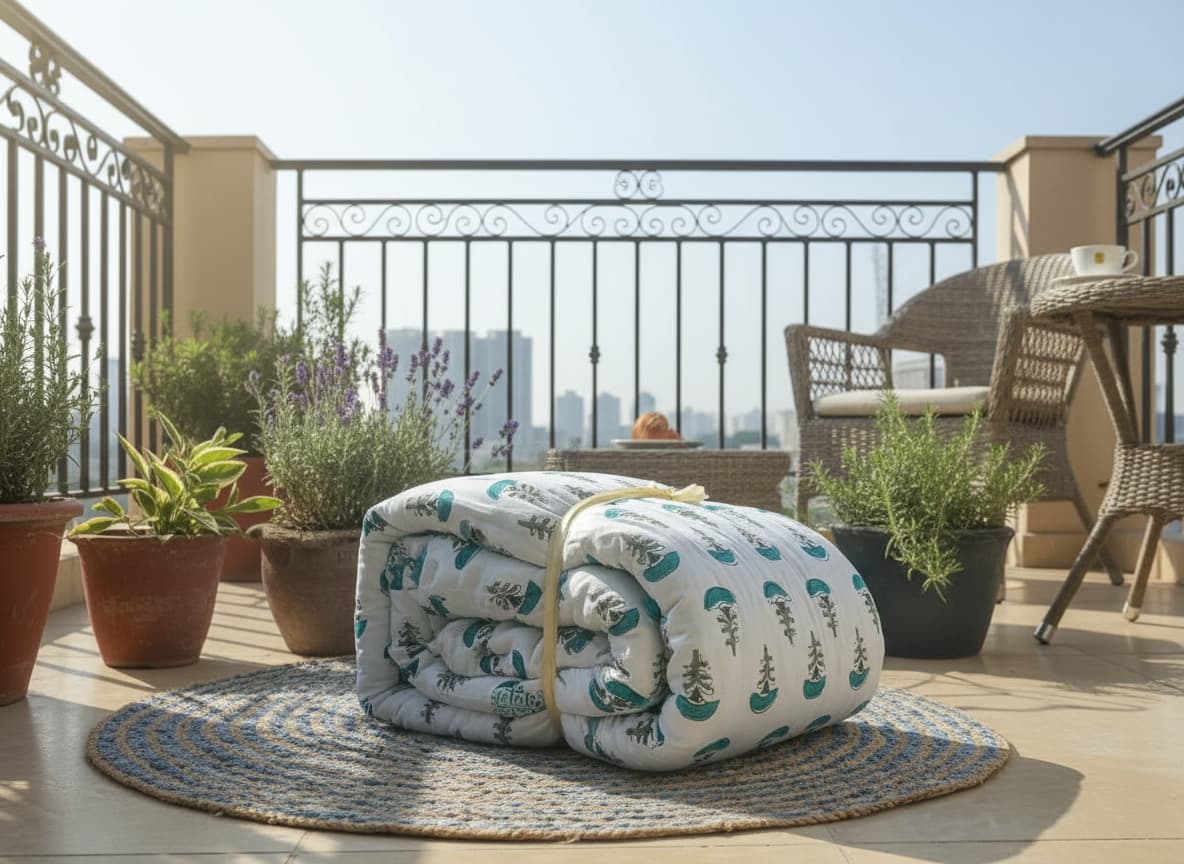 Green & White Jaipuri Print Cotton Quilt - Emenaura