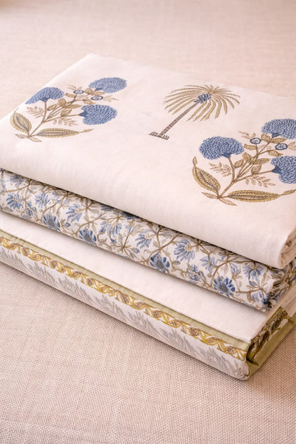 Coastal Bloom Hand Block Cotton Bedsheet - Emenaura