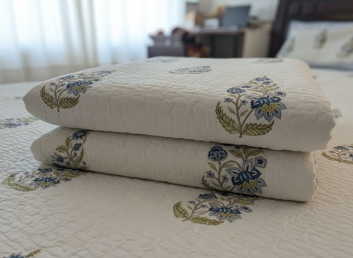 Powder Blue & White Hand Block Print Bed Cover - Emenaura