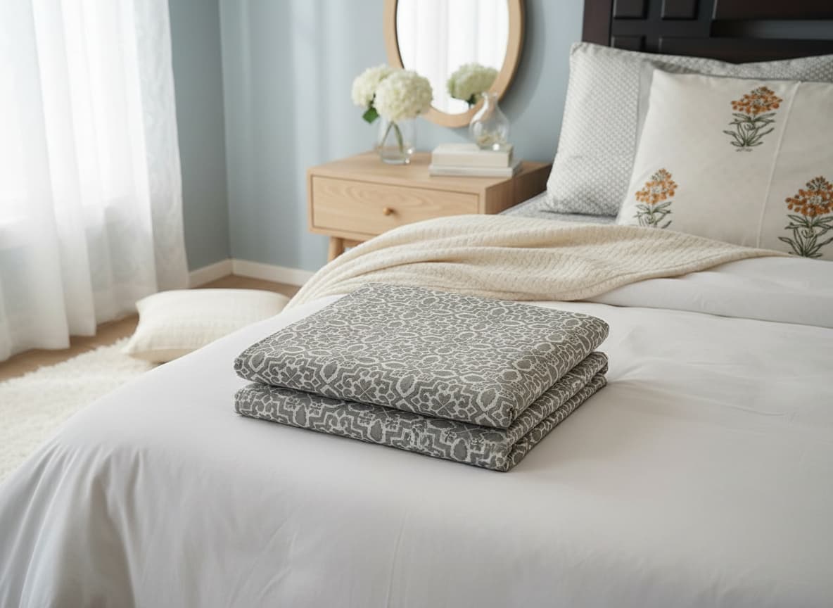 Folded Emenaura The Festive Home premium cotton bedsheet set with two matching cushion covers, showcasing soft, elegant fabric.
