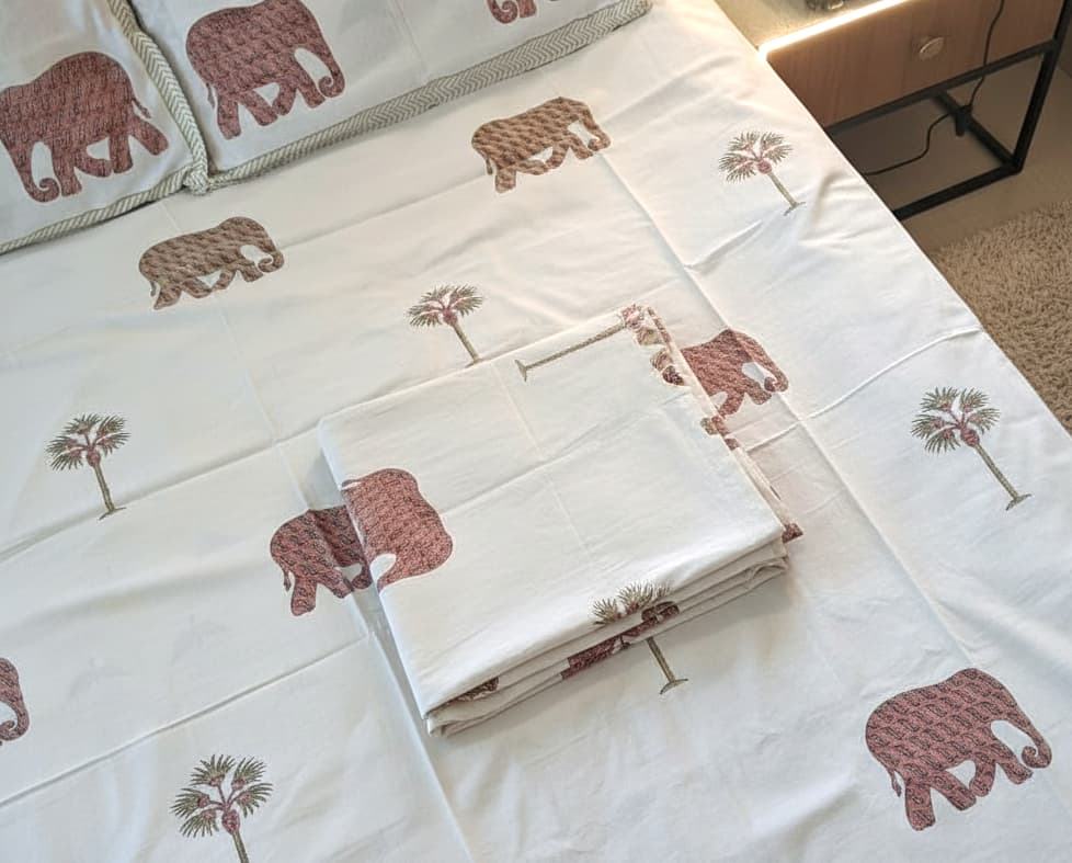 Desert Safari Hand Block Cotton Bedsheet - Emenaura
