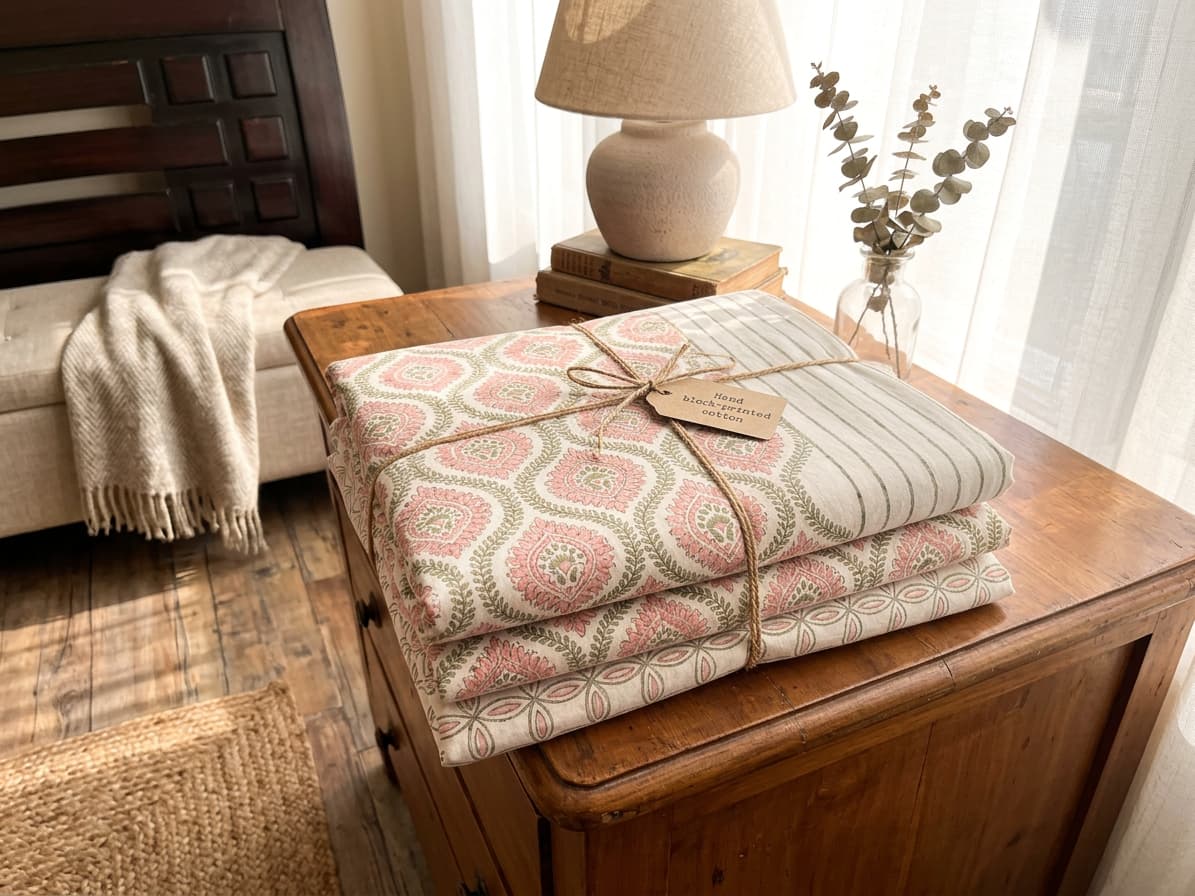 Folded Emenaura blush geometric cotton bedsheet set showing soft fabric with a modern geometric pattern.