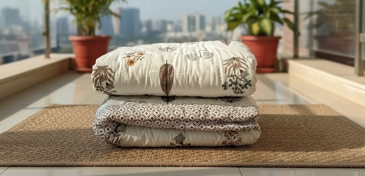 Brown & White Hand Block Cotton Quilt - Emenaura