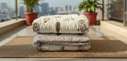 Brown & White Hand Block Cotton Quilt - Emenaura