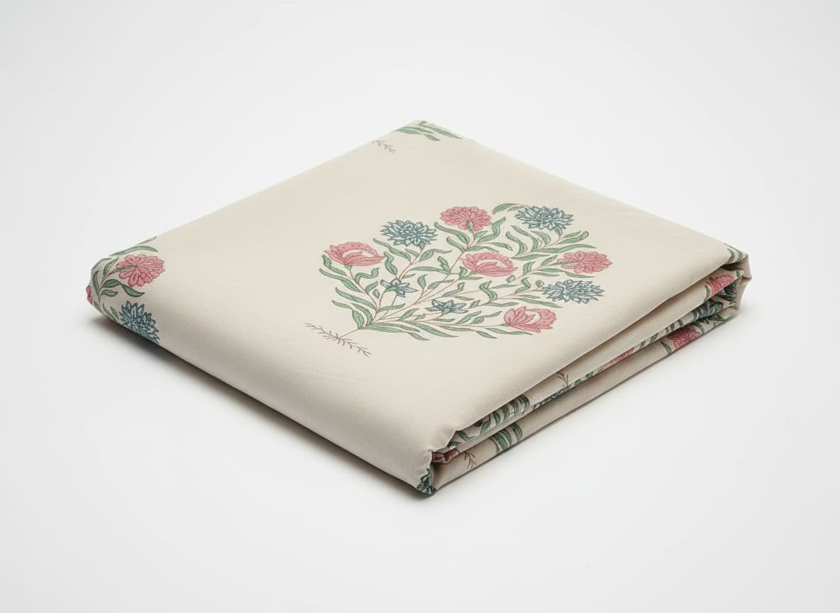 Ivory Garden Hand-Block Mulmul Cotton Bedsheet - Emenaura