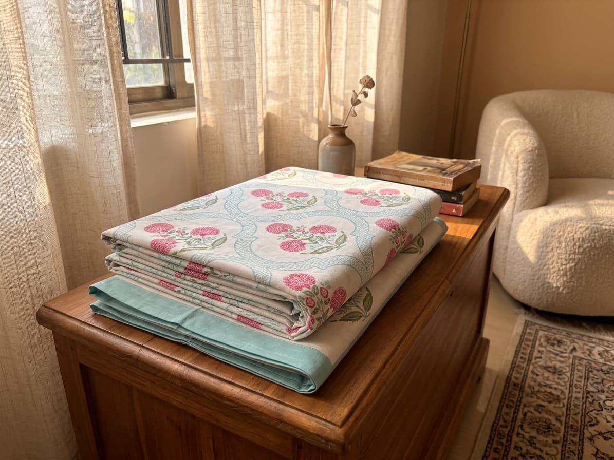 Folded Blossom Garden cotton bedsheet by Emenaura with a floral pattern, showcasing soft, breathable fabric for a comfortable sleep.